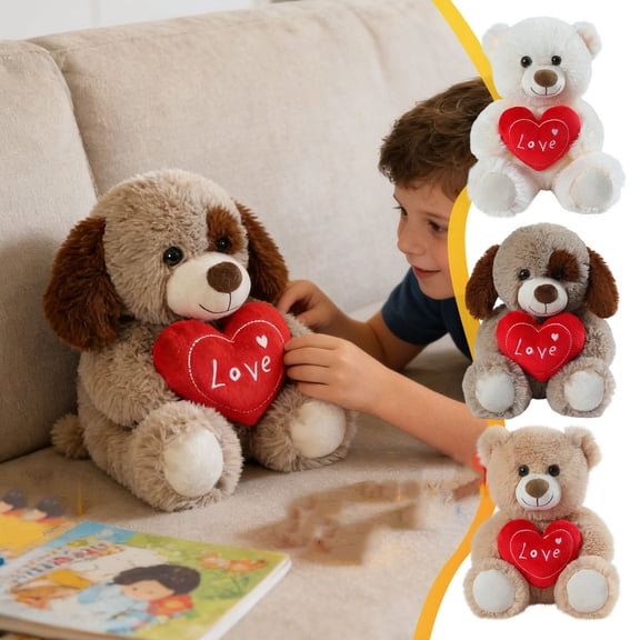 Romantic Valentine's Day Stuffed Dog Bear Plush Pillow - Soft Cute Plush Toy with Red Heart for Gift Giving, Adorable Hugging Pillow for All Ages, Valentines Party Home Decor, 11.81in, A
