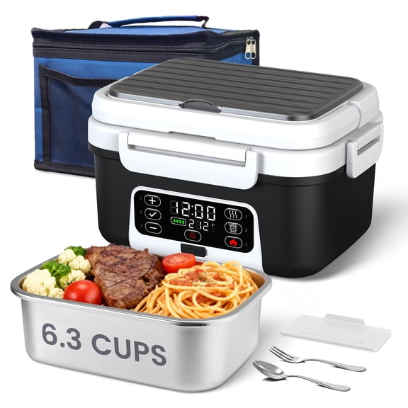 Cordless Electric Lunch Box for Adults 6.3 Cups 100W Automatic Scheduled Battery Powered Heated Lunch Box with Removable Tray Divider, Dishwasher Safe, Black