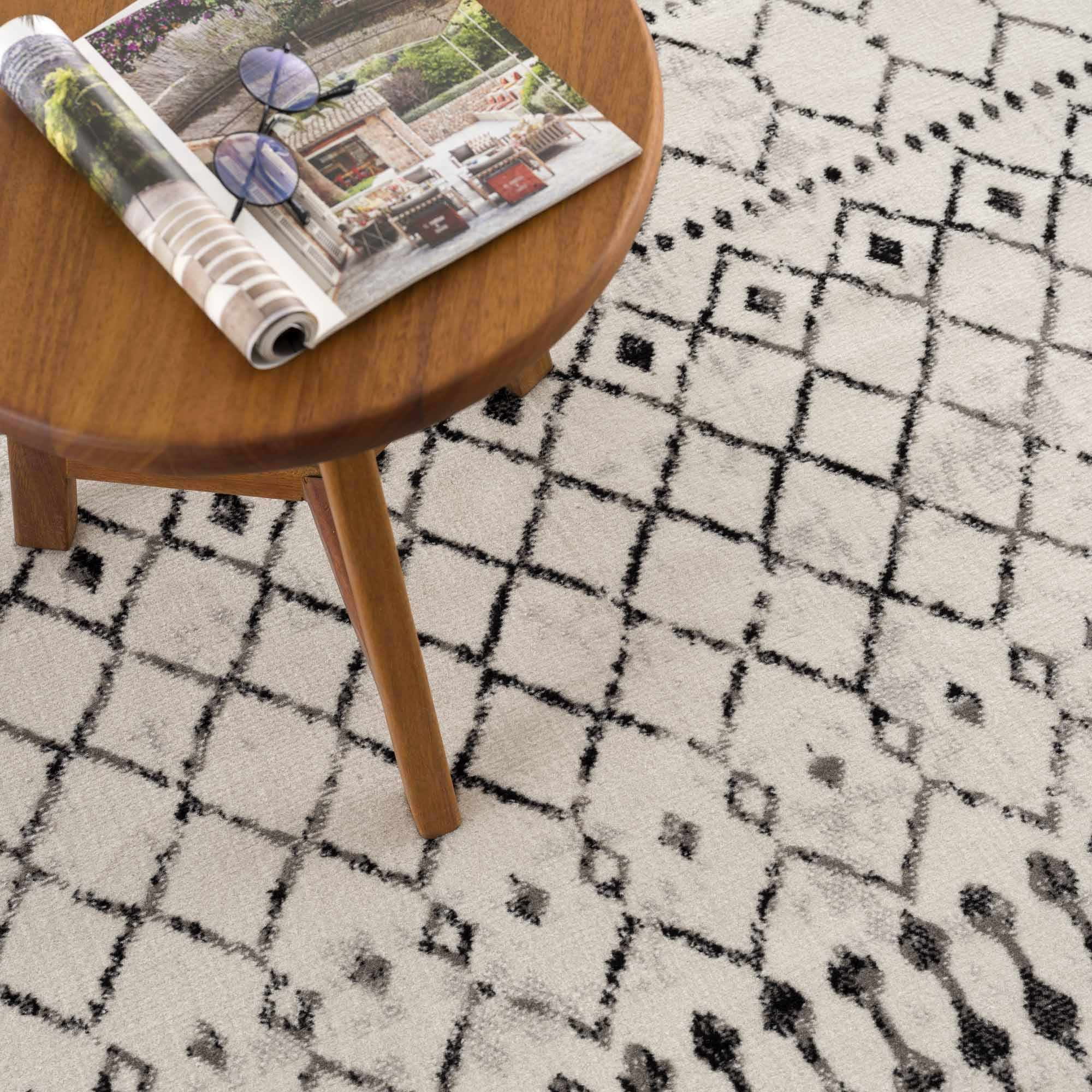 Hauteloom Cowplain Farmhouse Moroccan Geometric Area Rug - Boho Aztec Tribal Carpet for Living Room, Bedroom, Dining Room - Cream, Black, Beige, Gray - 6'7" Square Rug