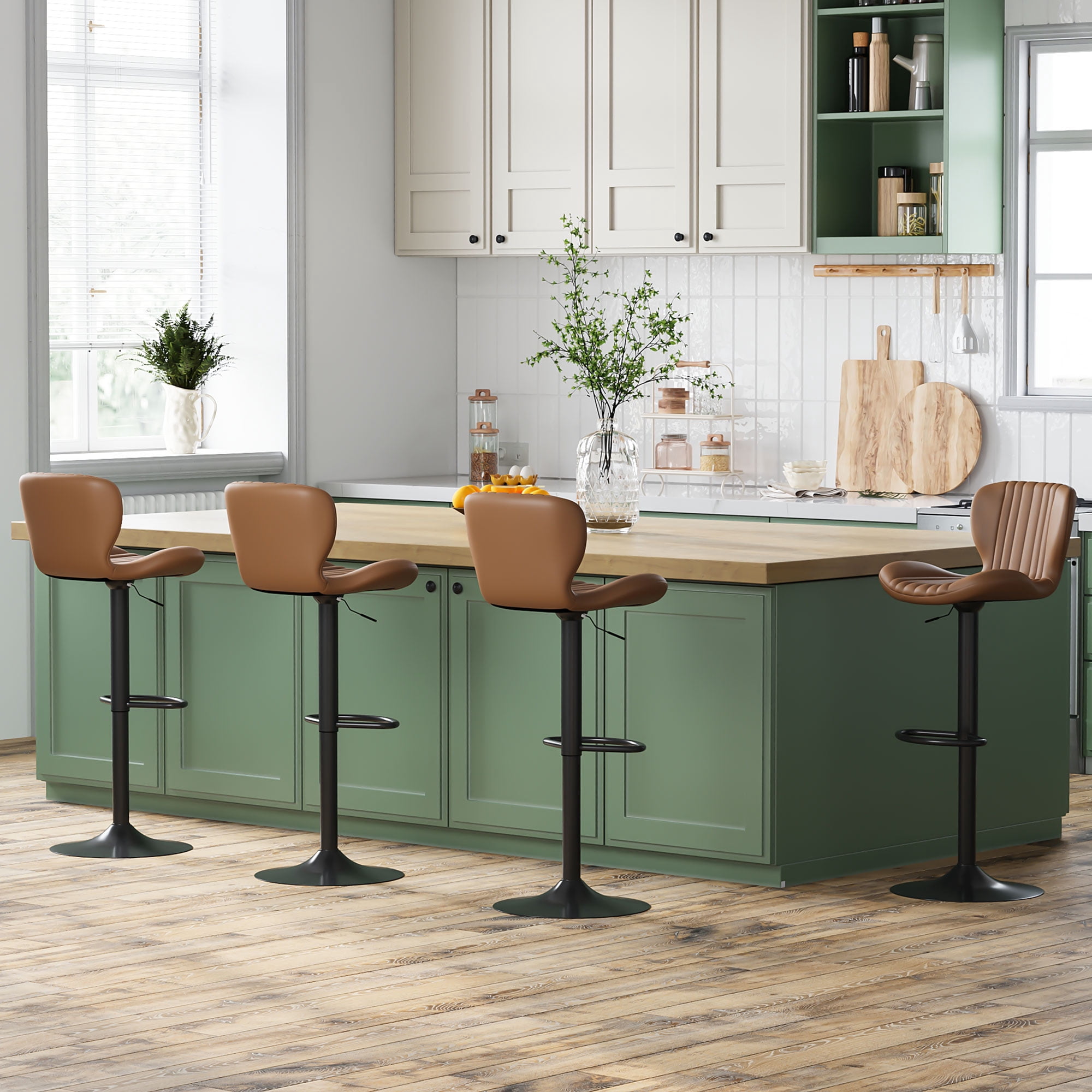 Walsunny Adjustable Bar Stools Set of 4 Leather Upholstered Swivel Counter Stools Counter Height Bar Stools with Large Base, Room Bar, Brown
