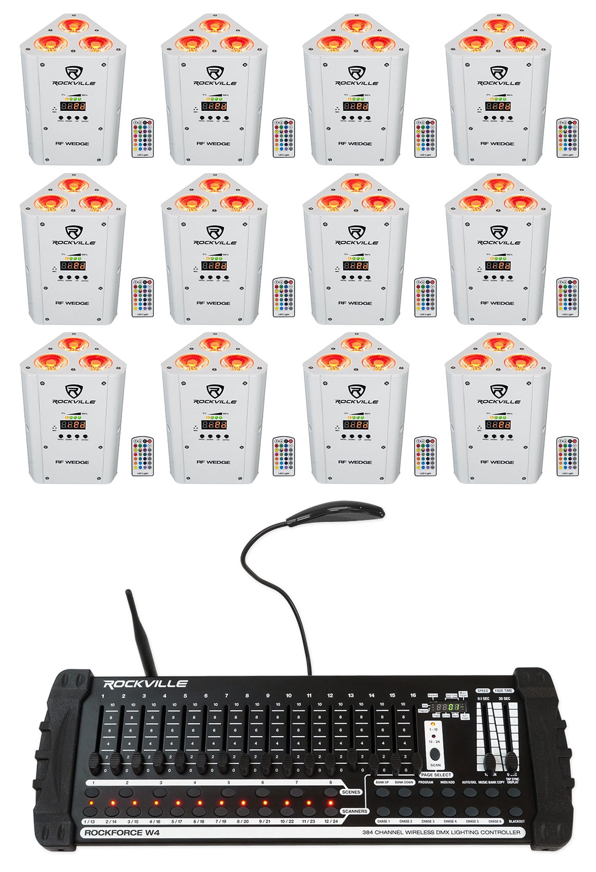 (12) Rockville RF WEDGE WHITE RGBWA+UV Wireless DMX Up Lights+384 Ch
