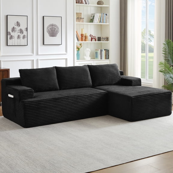 96" Modular Sectional Sofa, Cloud Sectional Couch with Deep Seat, L-Shape Sofa Couch with Chaise, Upholstered Boneless Couches for Living Room, Black