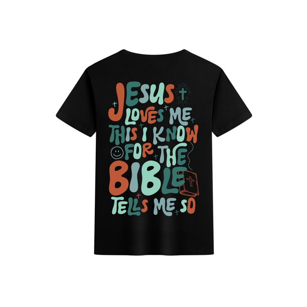 GOURD DOLL Boys' Summer Casual Crew Neck T-Shirt, "JESUS LOVES ME" Alphabet Print, Cotton, Short Sleeve, Asymmetrical Hem, Regular Fit, Knit Fabric, Regular Length - Weekend Casual Top
