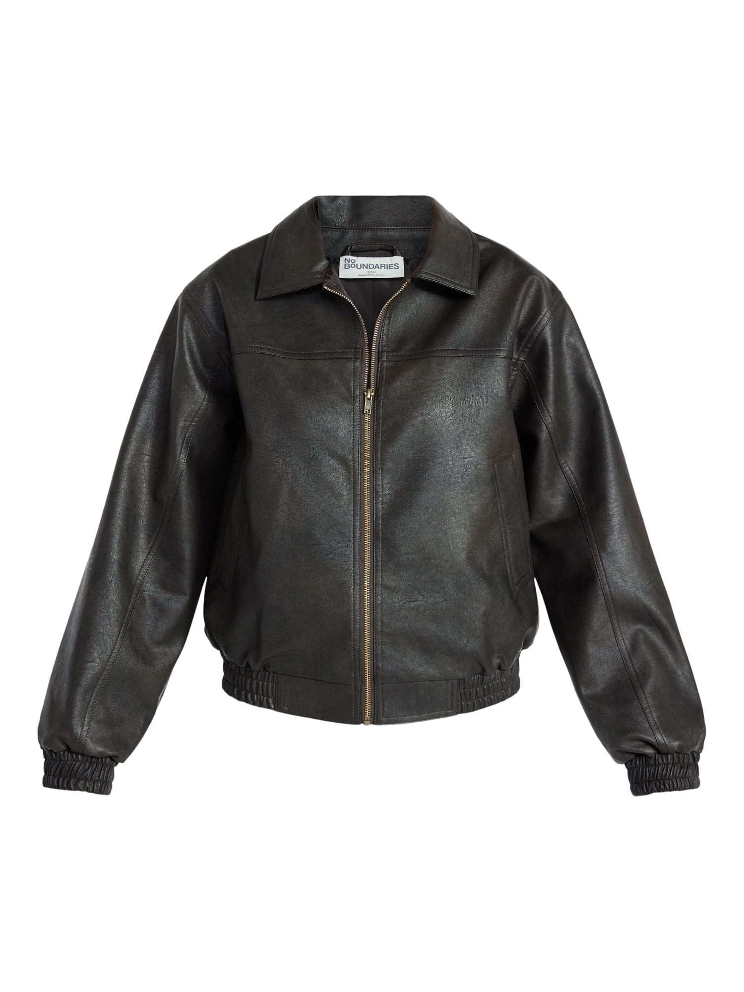 No Boundaries Relaxed Fit Faux Leather Jacket, Women's XXS-XXL
