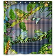 KXMDXA Custom Cartoon Butterfly Frog Green Leaves Fabric Bathroom Shower Curtain with Hooks 66 x 72 Inches