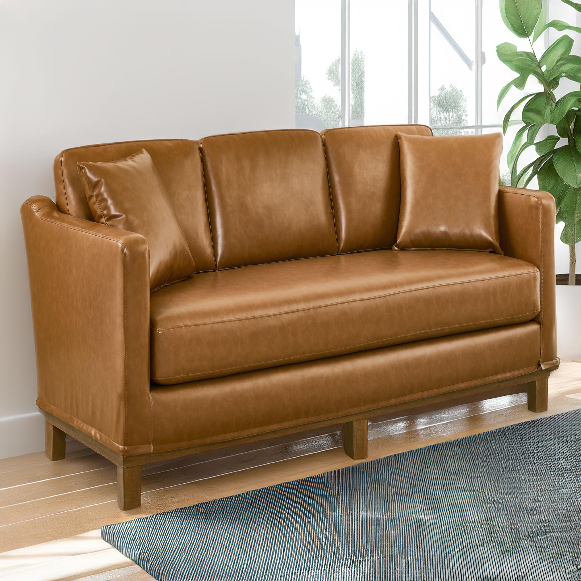 Mayview Barrett Upholstered Sofa with Wood Base, Faux Leather, Glossy Camel
