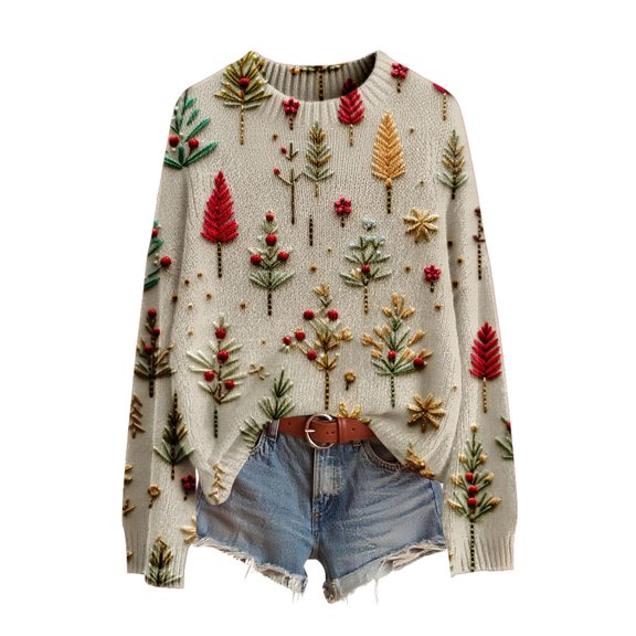Women's Funny Christmas Sweater Round Neck Christmas Print Knitted Top for Ugly Christmas Party and Holiday Wear,Beige,L