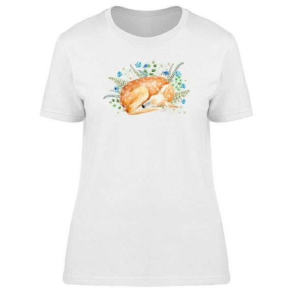 Watercolor Floral Sleeping Deer Tee Women's -Image by Shutterstock