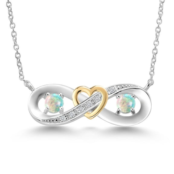 Gem Stone King 0.56 Cttw Round Cabochon White Simulated Opal and  Lab Grown Diamond 925 Silver and 10K Yellow Gold Two-Tone Heart Interlocking Infinity Symbol Pendant Necklace for Women