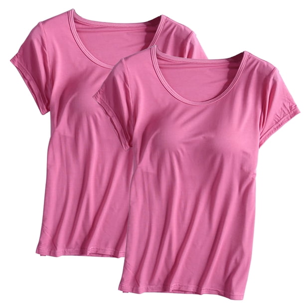 Pijama de manga corta para mujer, 2 piezas, color liso, cuello redondo, manga corta, con copa acolchada, ropa de casa, pijama de manga corta, pijama para mujer