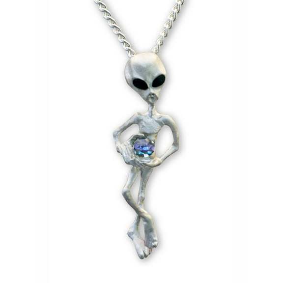 UFO Alien Holding Crystal Ball Silver Finish Pendant Necklace by Real Metal NK-247
