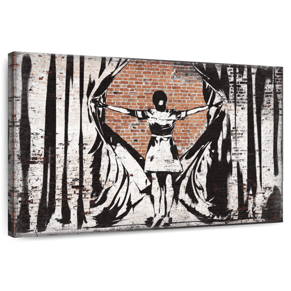 Elephant Stock Open Curtains Wall Art - Horizontal Canvas Wall Art - Living Room Wall Decor - People Canvas - Gray And Brown Decor - 12" x 8"