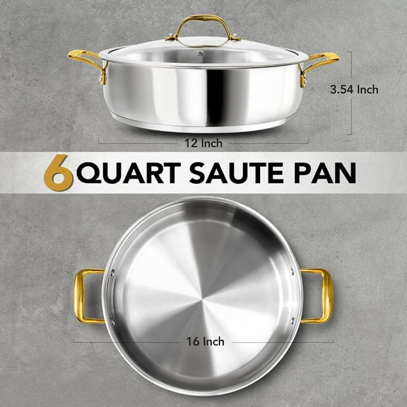 12 Inch Stainless Steel Saute Pan with Lid - Deep Frying Pan for All Cooktops, 6 Quart Oven Safe Dishwasher