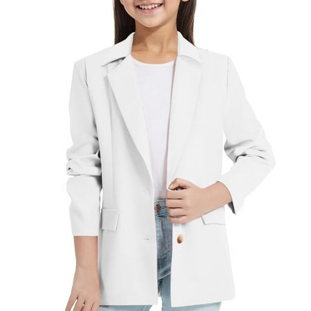 Povozer Girls Blazer Jacket Long Sleeve Notched Collar/Lapel Collar with Inner Pocket Open Front Casual Kids Blazers Suit(White 13-14 Years)