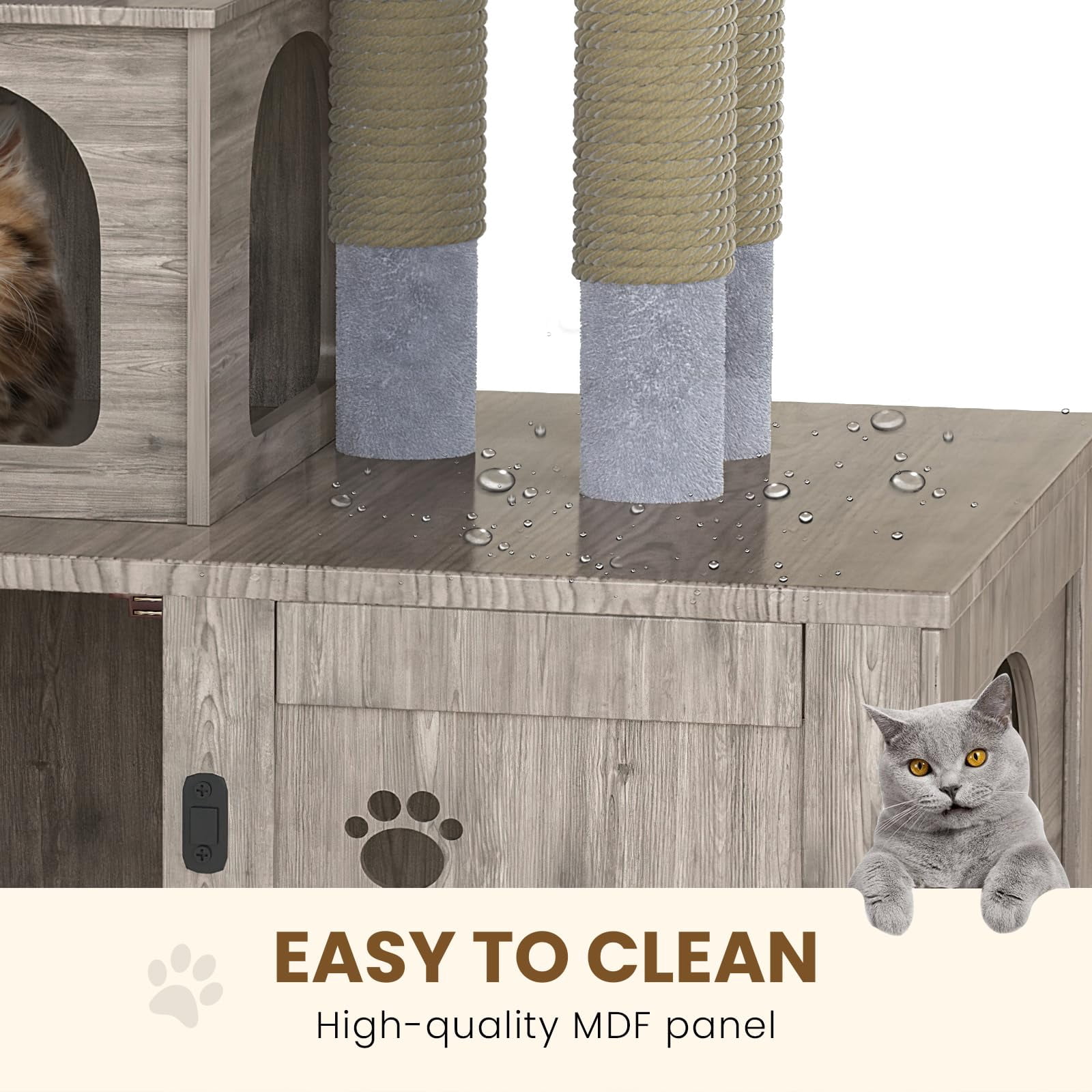 Baxluxe Cat Litter Box Enclosure with Cat Tree, Hidden Cat Washroom Furniture with Divider, Wooden Cat House with Platform, Scratching Post and Soft Plush Perch, Indoor Pet Cabinet, Gray