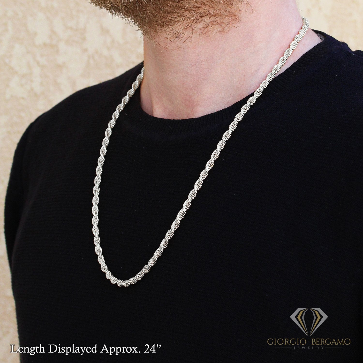 925 Italian Sterling Silver 5mm Solid Rope Diamond Cut Chain, FREE Microfiber Cloth, ITProLux Link Mens Womens Necklace, Giorgio Bergamo
