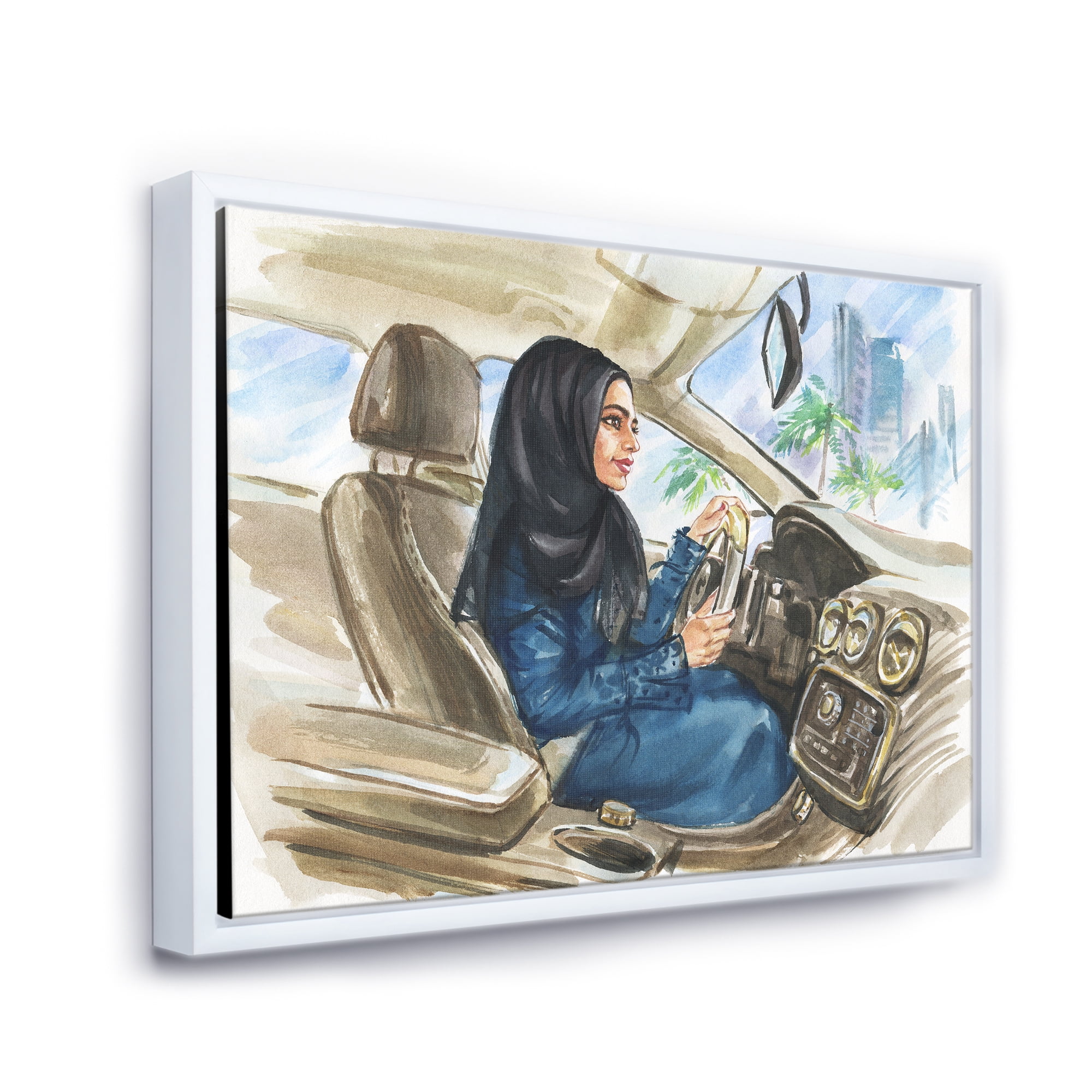 Designart 'Arabian Lady Driving A Car I' Modern Framed Canvas Wall Art Print