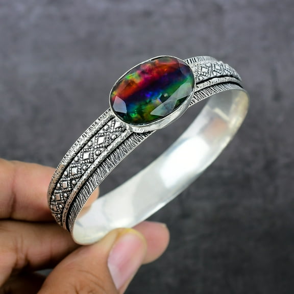 Natural Mystic Topaz Gemstone 925 Sterling Silver Cuff Bangle Adjustable