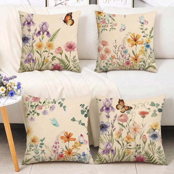 Throw Pillow Covers 18x18 Inch Set of 4, Wildflowers Pillow Cases with Hidden Zipper, Summer Linen Decorative Cushion Covers for Couch Living Room Bedroom Home Decor