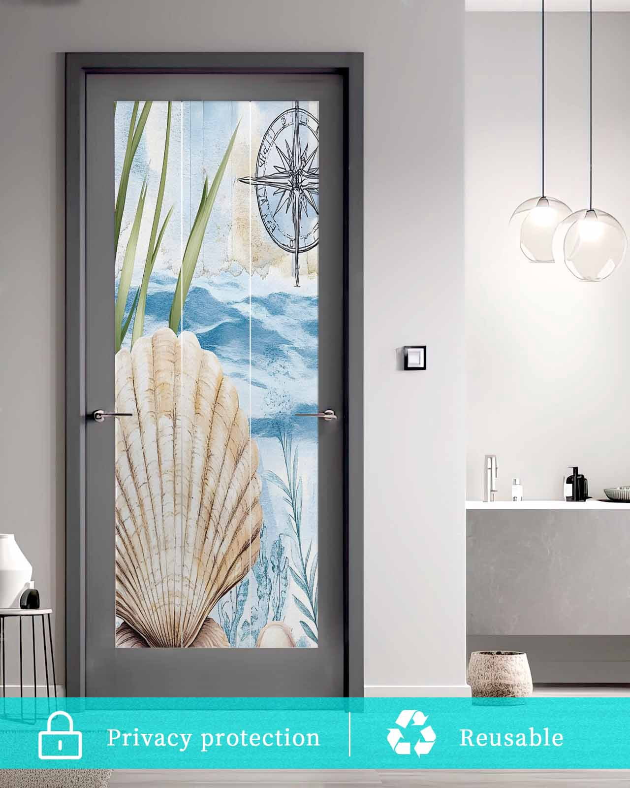 Window Privacy Film Summer Ocean Stained Glass Window Film Decorative Sun Block Window Cover Nautical Sea Shell Coral Wave Window Clings Static Adhesive Sticker for Bathroom 23.6"x59"
