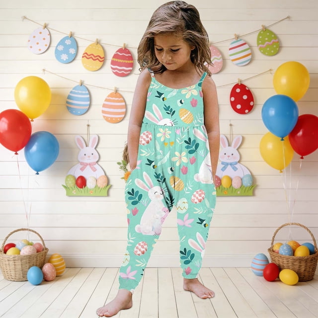 Mono para niñas pequeñas, mono con estampado de Pascua, mono con tirantes, conjuntos de verano, ropa para niñas