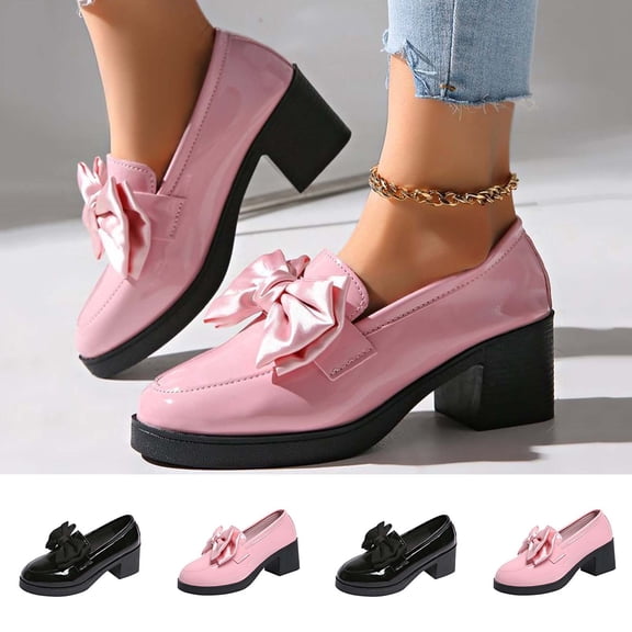 Women's Bow Chunky Heel Loafers, Round Toe Solid Color Platform Shoes, Comfortable Mid Heel Dress Shoes for All-Season Wear