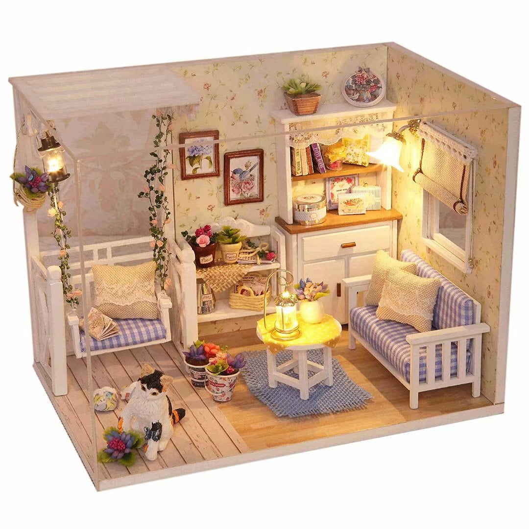 Damaie Wooden Dollhouse Miniatures Diy House Kit With Cover And Led Light Cat Diary