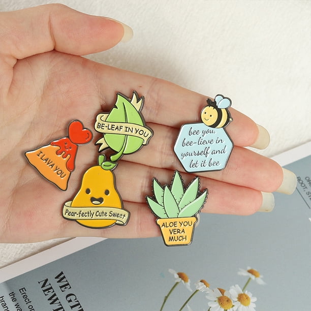Langgg Letters Printed Bees Enamel Pins Yellow Aloe Pin Brooches