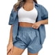 thumbnail image 3 of Sunloudy Conjunto de 2 piezas de verano a juego para mujer, camisa abotonada de media manga de color sólido + conjunto de pantalones cortos con cintura elástica para damas Sunloudy  S M L XL XXL, 3 of 7