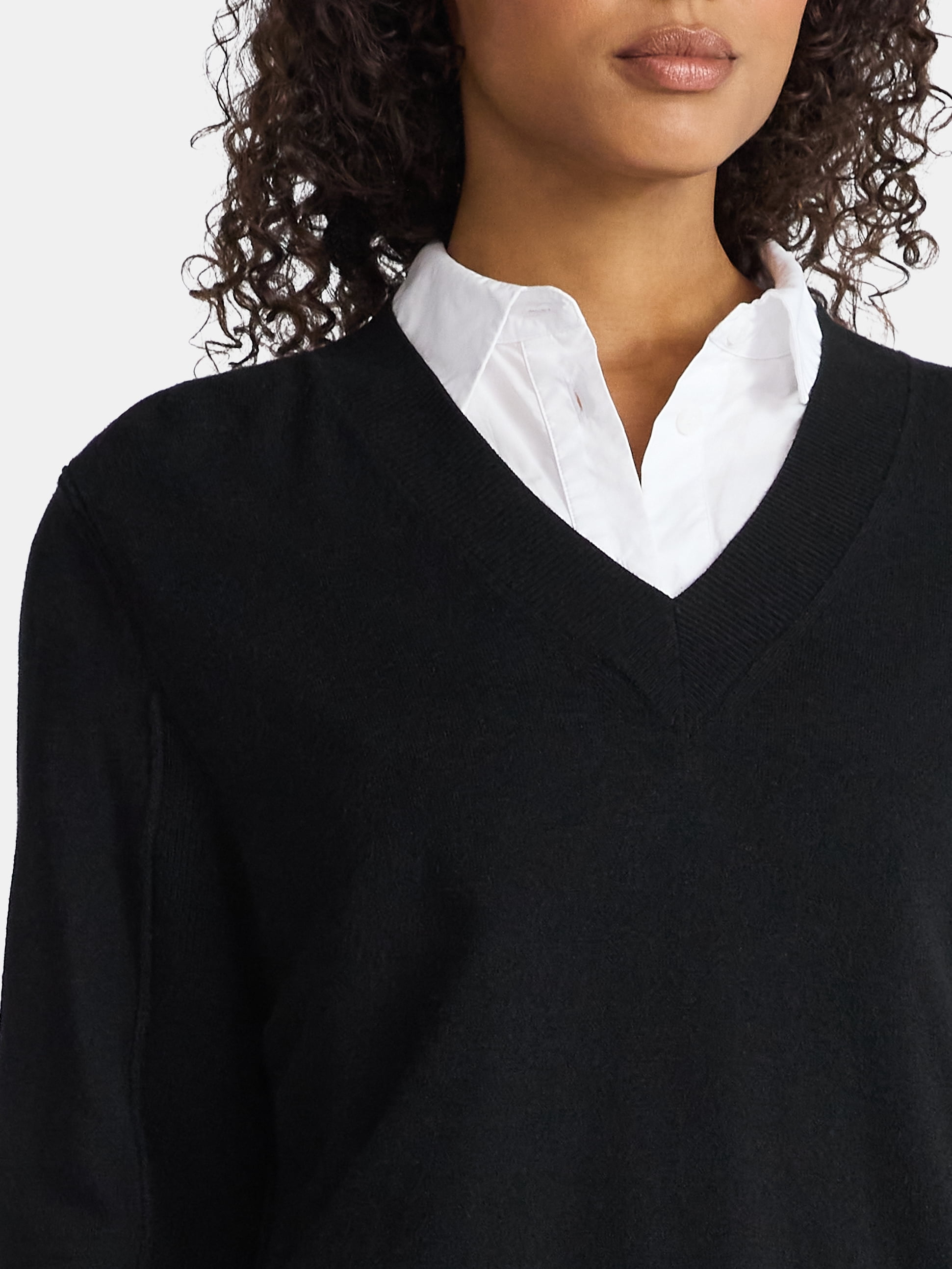 Time and Tru Women's Ribbed Panel V-Neck Sweater with Long Sleeves, Midweight, Sizes XS-XXXL