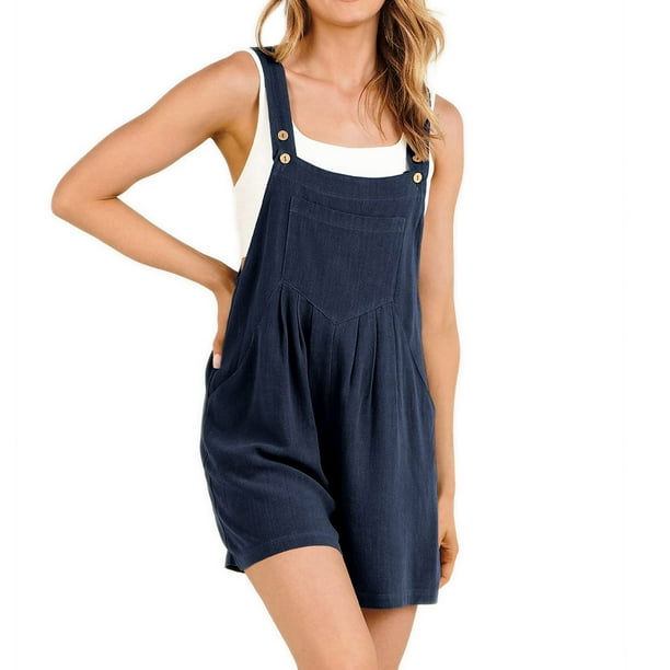 Mono corto de lino con tirantes ajustables para mujer, estilo informal de verano - Corte holgado, cuello cuadrado