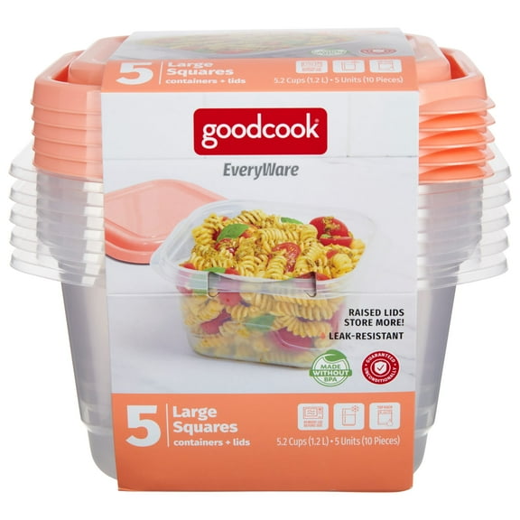 GoodCook EveryWare 5.2-Cup Large Square Food Storage Containers With Lids, Set of 5 Orange