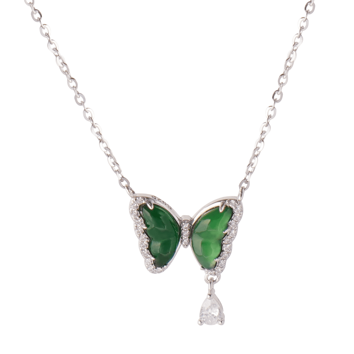 Butterfly Green Jade Necklace for Women, Alloy with Rhinestone Teardrop Accent Elegant Nature Inspired Jewelry Gift