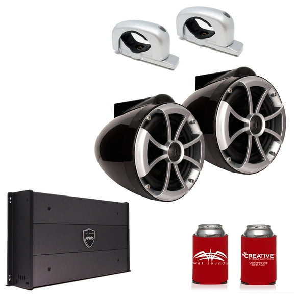 Wet Sounds ICON8B-FC-SA 8" Black Tower Speakers with Silver Aluminum Fixed Clamps & SYN-DX2.3 1200 Watt Amplifier