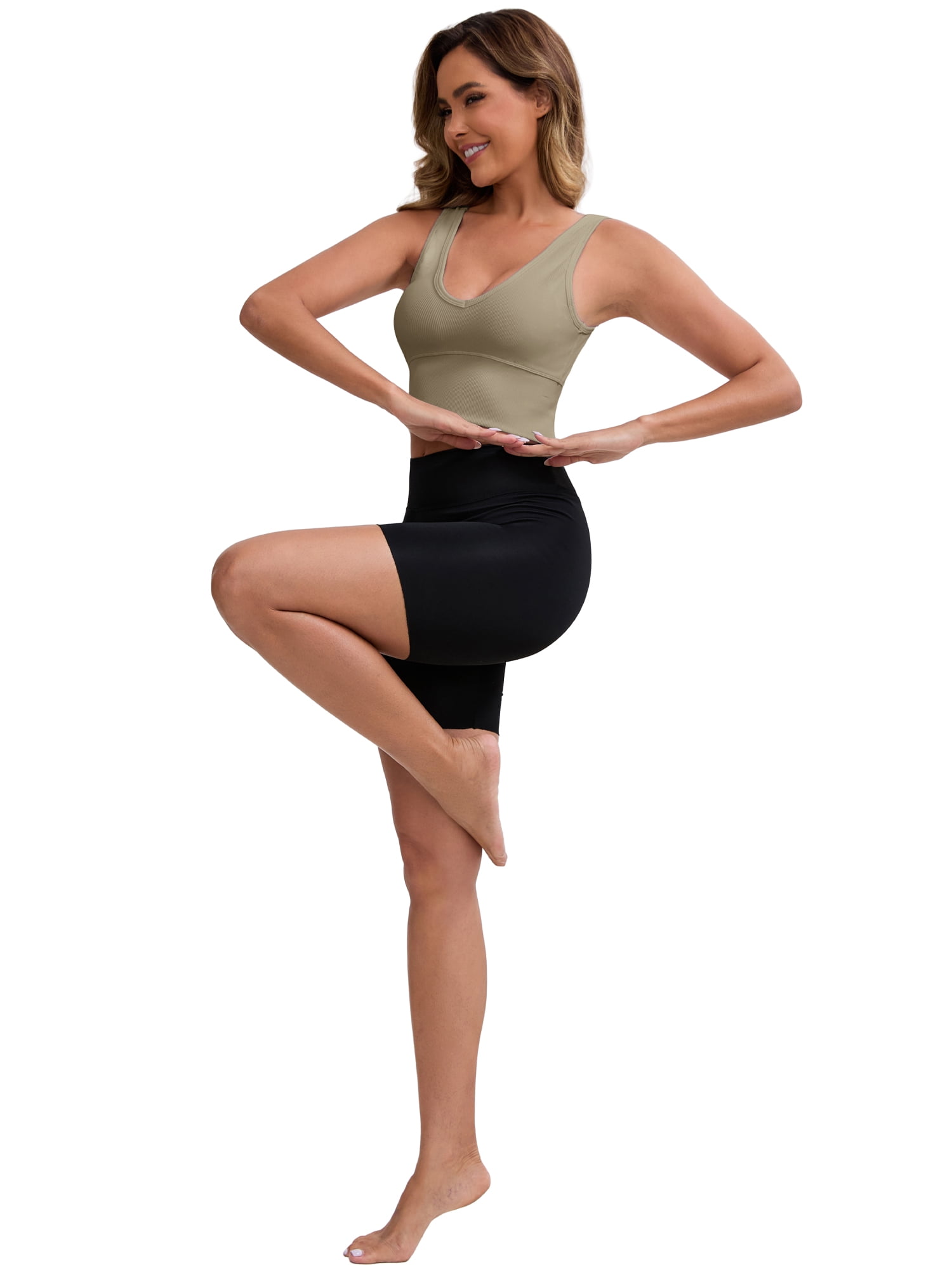 DARING DIVA Ribbed Sports Longline Push Up Crop Wide Strap Bras M Khaki