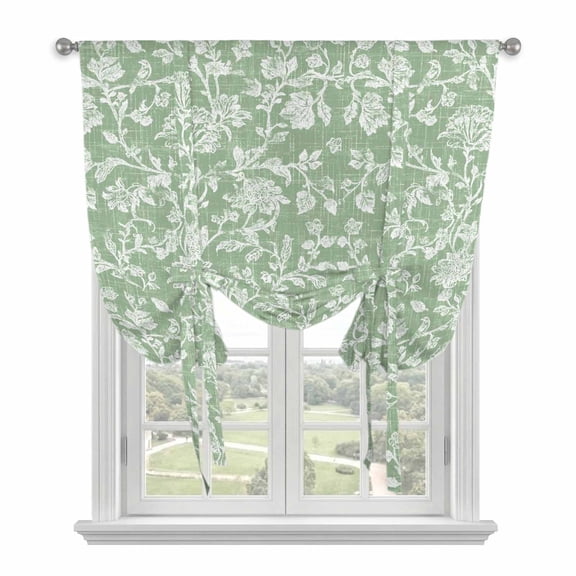 Botanical Rose Tie Up Curtains for Kitchen Windows,Adjustable Rod Pocket Valance 63 Inch Long, Vintage Sage Green Floral Leaf Summer Farmhouse Window Treatment Balloon Roman Blind Shade, 52" x 63"