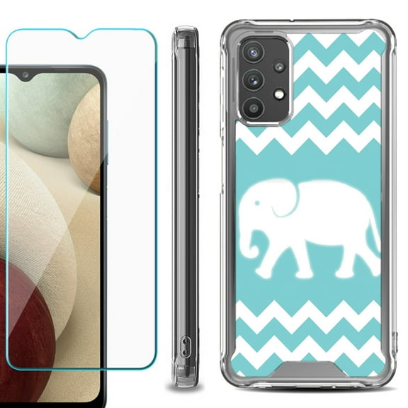 Shockproof Bumper Phone Case for Samsung Galaxy A32 5G, with Tempered Glass Screen Protector, by OneToughShield ® - Chevron/Teal/Elephant