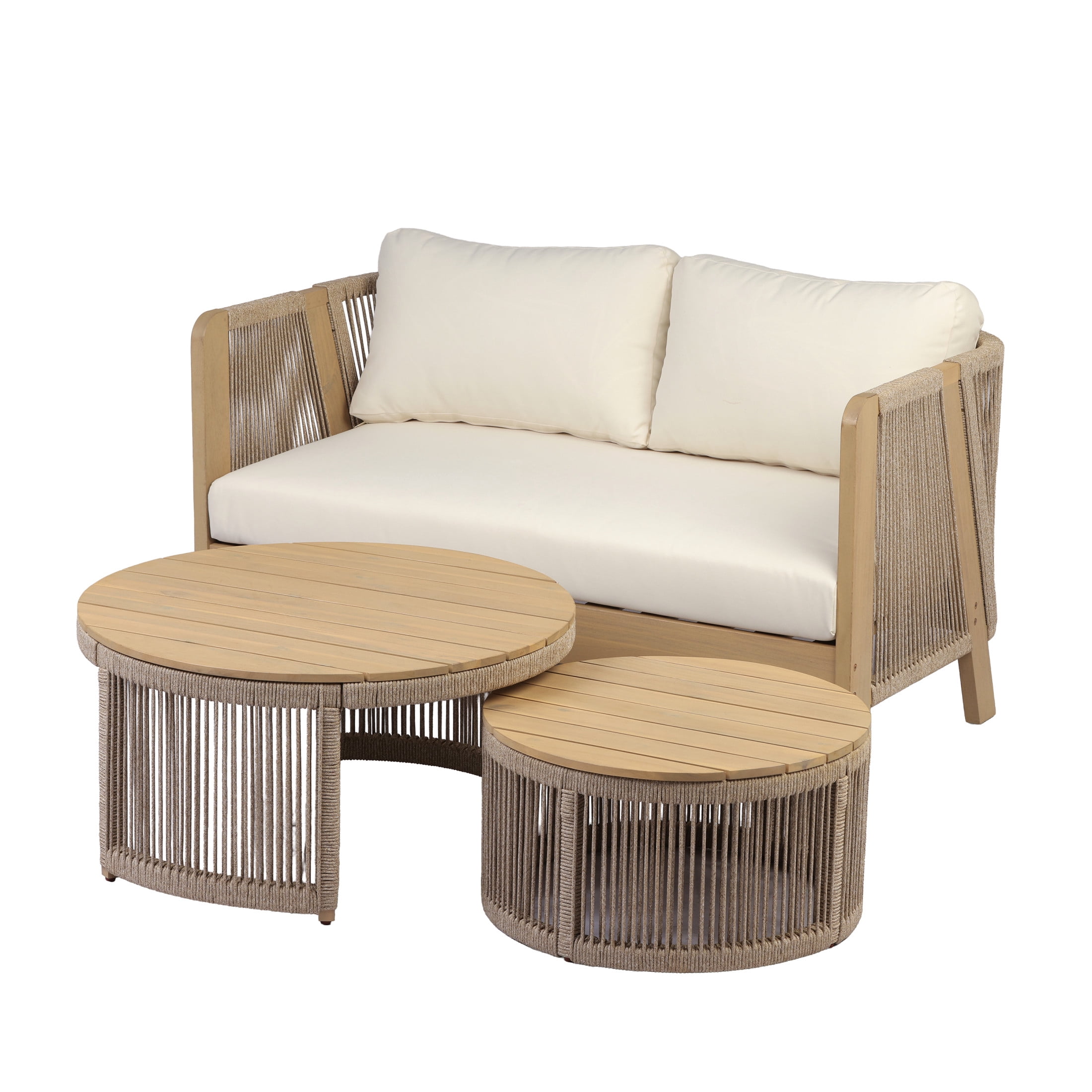 Christopher Knight Home 3-Piece Patio Conversation Set, Rope Accent Seating with Cushions, Light Teak+Cream