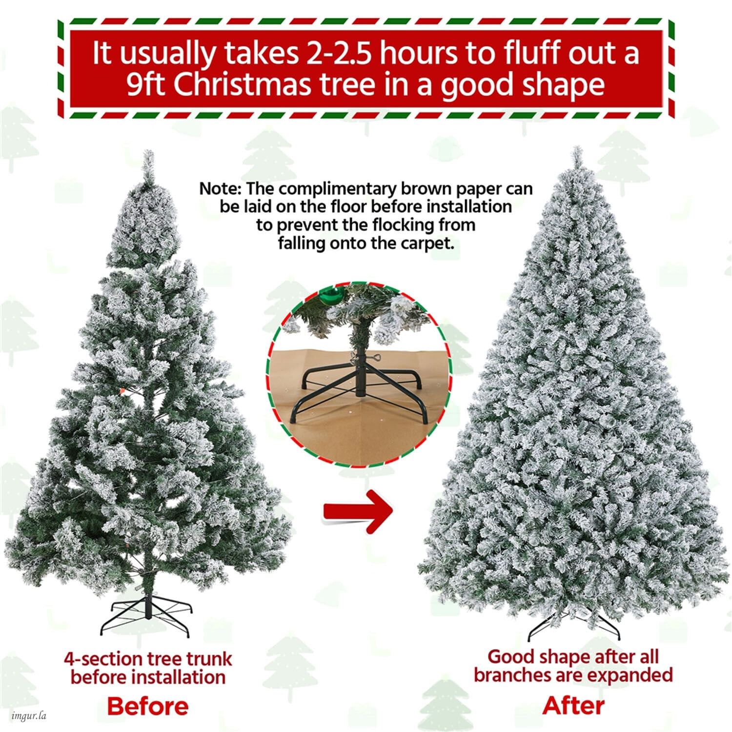 Alden Design 9FT Artificial Pre-lit Flocked Christmas Tree Hinged Fir Xmas Tree with Foldable Stand and LED Lights,Green & White