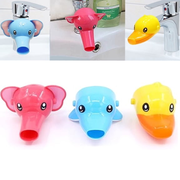 JOWNEEL 3Pcs Cartoon Faucet Extender Sink Handle Extender Safe and Fun Hand-Washing Solution (Set of 3, Yellow Duck, Pink Elephant, Blue Dolphin)