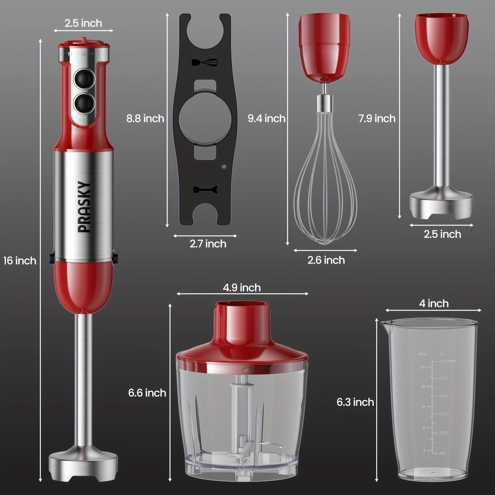 5-in-1 Handheld Immersion Blender, Heavy Duty Motor with Multi-Attachments, Ergonomic Handle, Includes Whisk & Chopper, 120V US Plug, Versatile Kitchen Blending & Whipping Tool