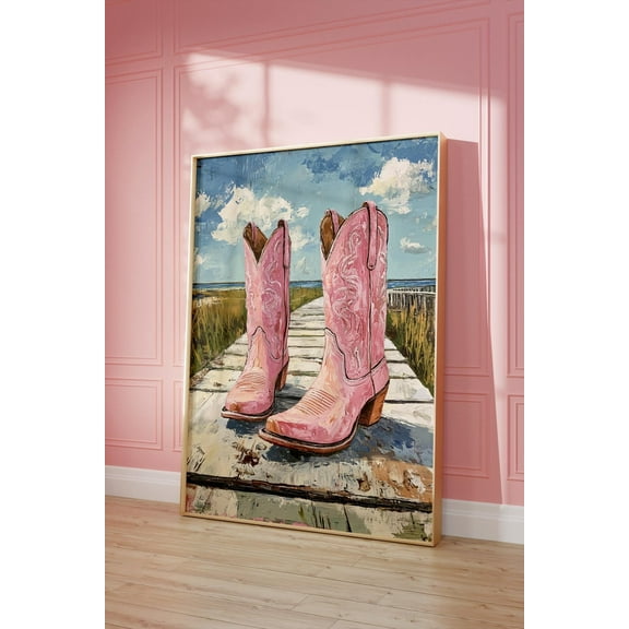 Pink Cowgirl Boots Wall Art Print, Retro Western Art, Coquette Aesthetic Room Decor, Girly Coastal Cowgirl, Teen Girls Room Wall Art, Modern Wall Decor, 8x12 UNFRAMED