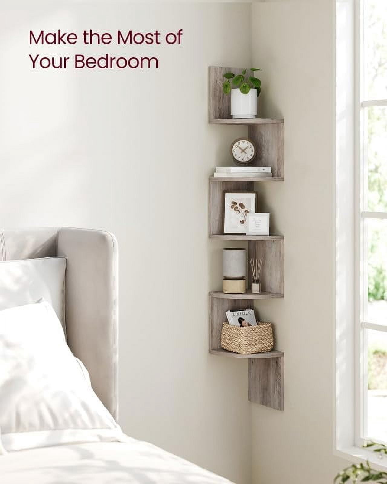 Corner Shelf Wall Mount 5-Tier Floating Corner Bookshelf Plant Shelf for Bedroom Living Room Bathroom Home Office Heather Greige