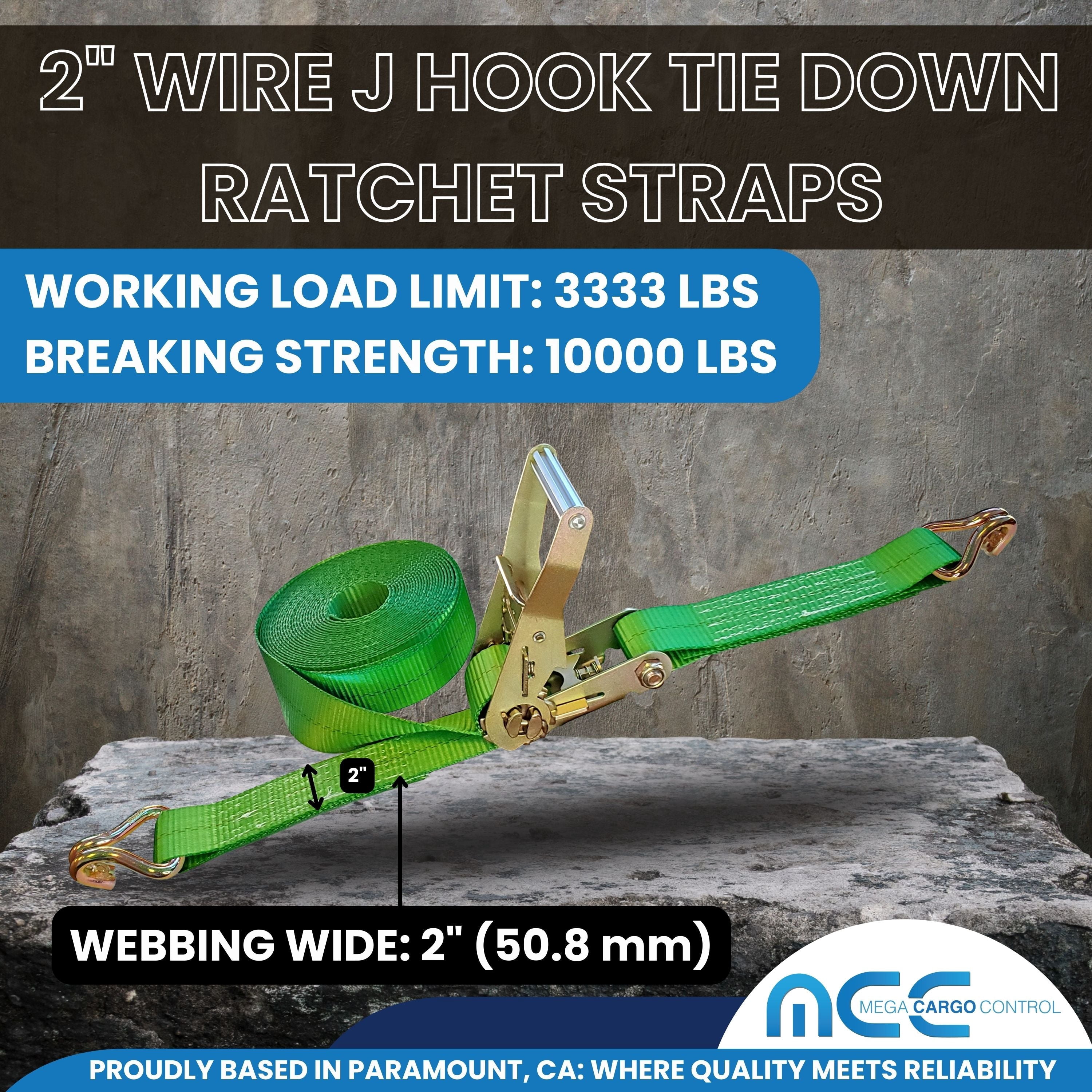 Mega Cargo Control 2" x 60' Ratchet Strap w/ J Hook , Green , 2 Packs