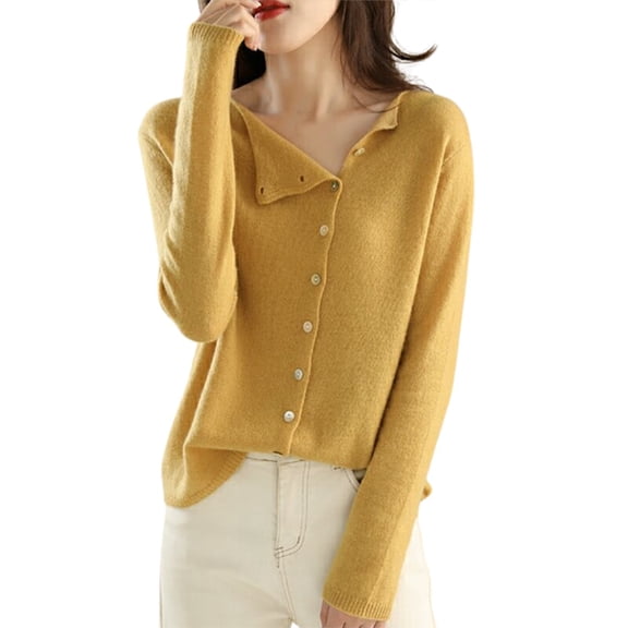 Fiaer Crew Neck Knitted Cardigan Sweaters Autumn Casual Versatile Solid Button Down Fashion Tops Yellow XL