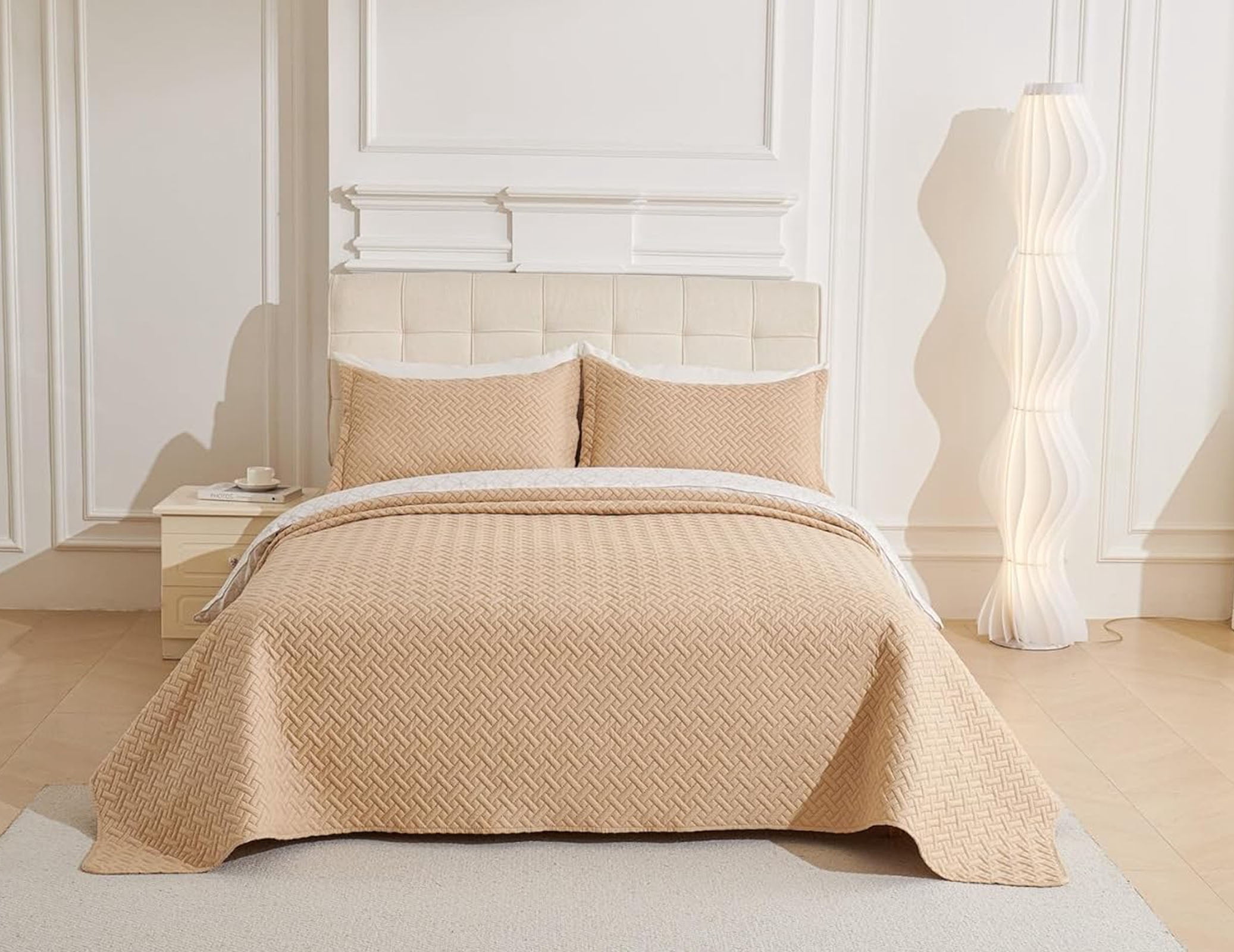 Legacy Decor Bedspread Coverlet 3 Pcs Set Oversized 118" W x 106" L King Size Beige Color