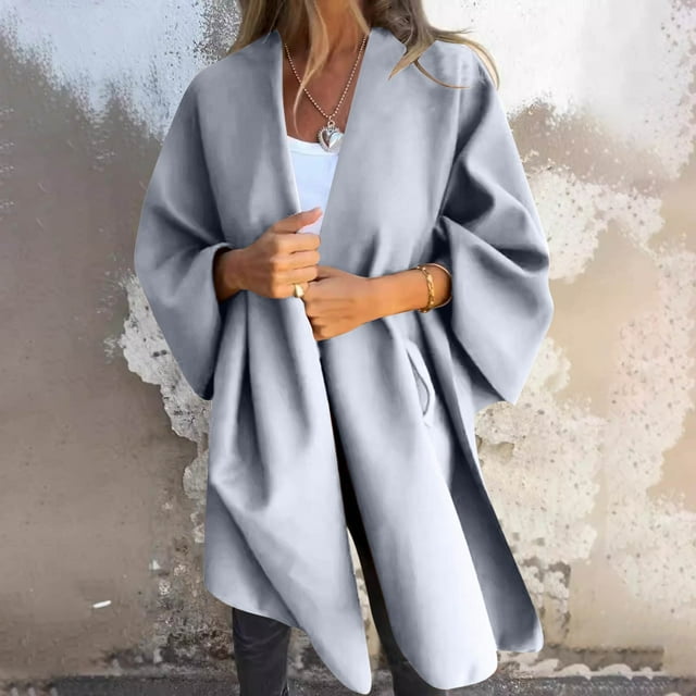Chaqueta y abrigo informal de manga larga sin capucha para mujer, color liso, con cuello en V largo, tipo capa, tipo cárdigan, abrigo para mujer