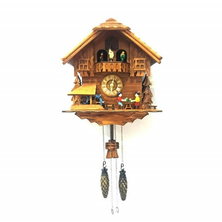 - ALEKO Handcrafted Wooden Cuckoo Wall Clock Home Art with Chirping Bird and Dancing Townsfolk 12 x 11 x 6.5 Inches - Brown