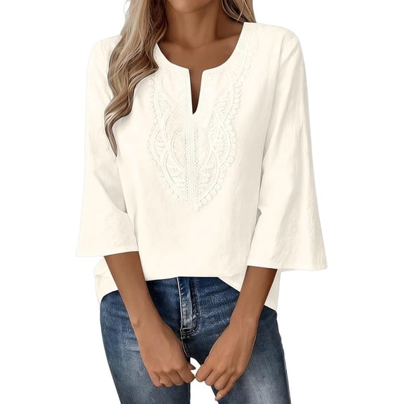 Womens 3/4 Length Sleeve Cotton Linen Tops Boho V Neck Lace T Shirts Dressy Casual Blouses Summer Spring Cute Tunic 2026 Trendy Fashion Clothes
