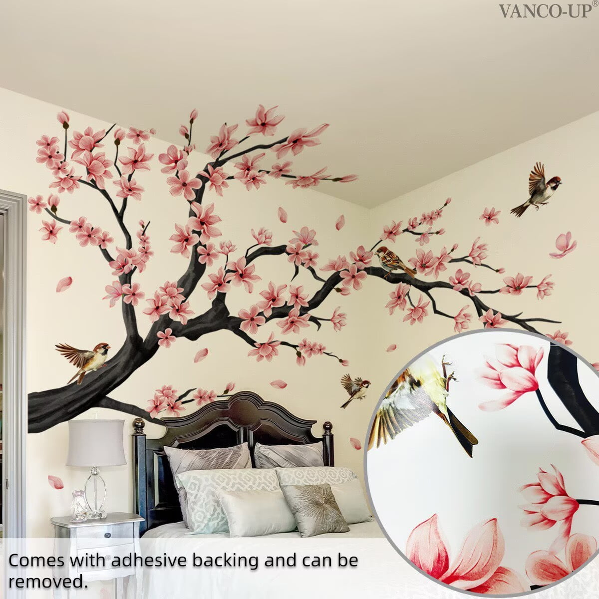Flowers Wall Decals Stickers Vinyl Removable Peel and Stick Colorful bird Floral Wall Murals Decor tree wall decals Peel and Stick Wall Art Decals Bedroom Living Room Nursery (Cherry Blossoms)